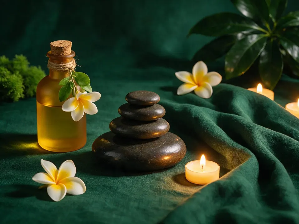 Warme Basaltsteine und Aromaöl mit Frangipani-Blüten