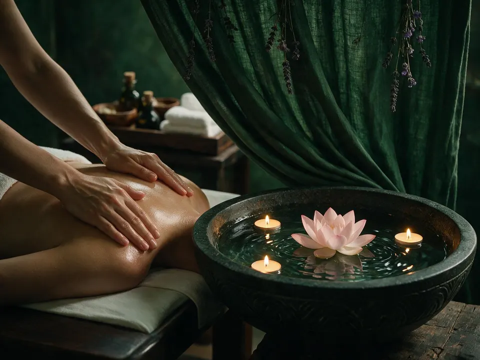 Sanfte Massage-Streichungen mit Lotusblüte und Kerzen