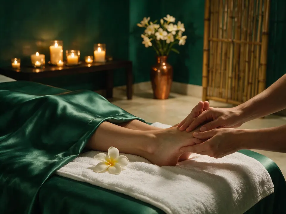 Entspannende Fußmassage mit Frangipani-Blüte