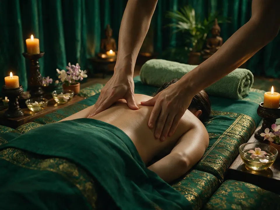 Traditionelle Thai-Massage: sanfte Druckpunktmassage bei Kerzenlicht